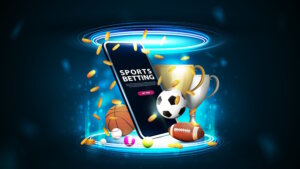 Sports,Betting,,Digital,Banner,With,Smartphone,,Champion,Cups,,Falling,Gold